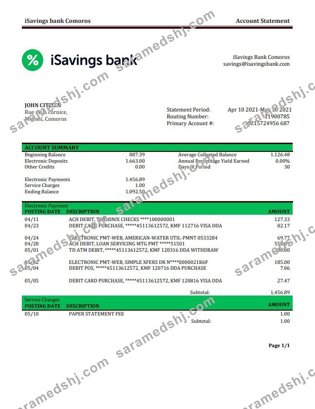 Comoros iSavings bank statement